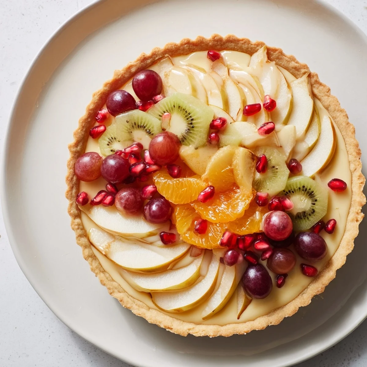 Winter Fruit Tart, a vibrant dessert showcasing colorful winter fruits on a golden crust.