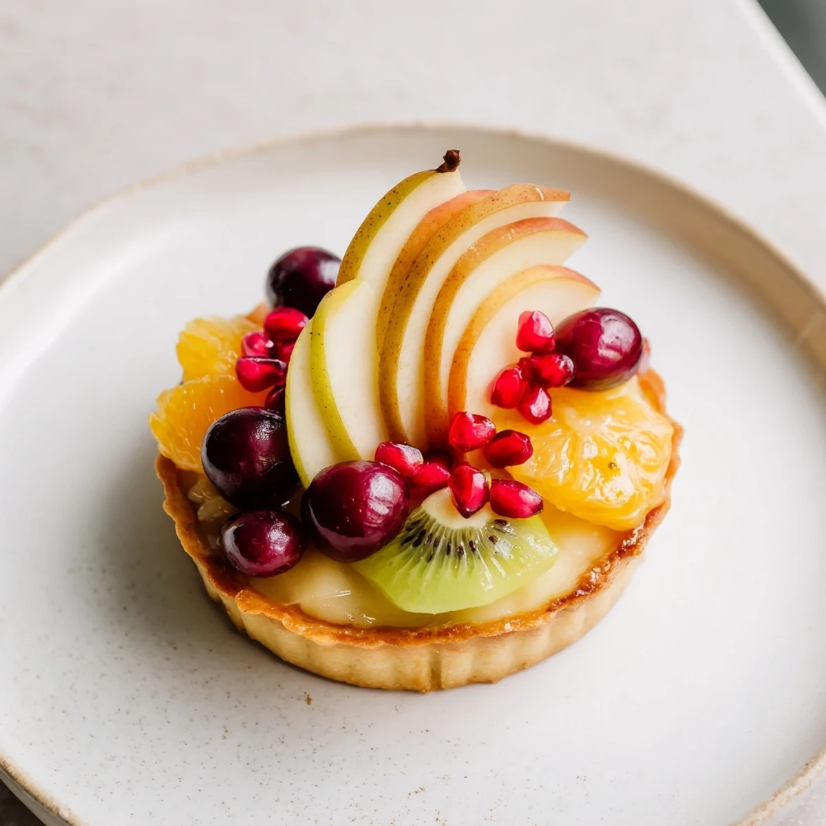 The Winter Fruit Tart glistens with apricot glaze, highlighting the jewel-toned fruits and creamy custard.