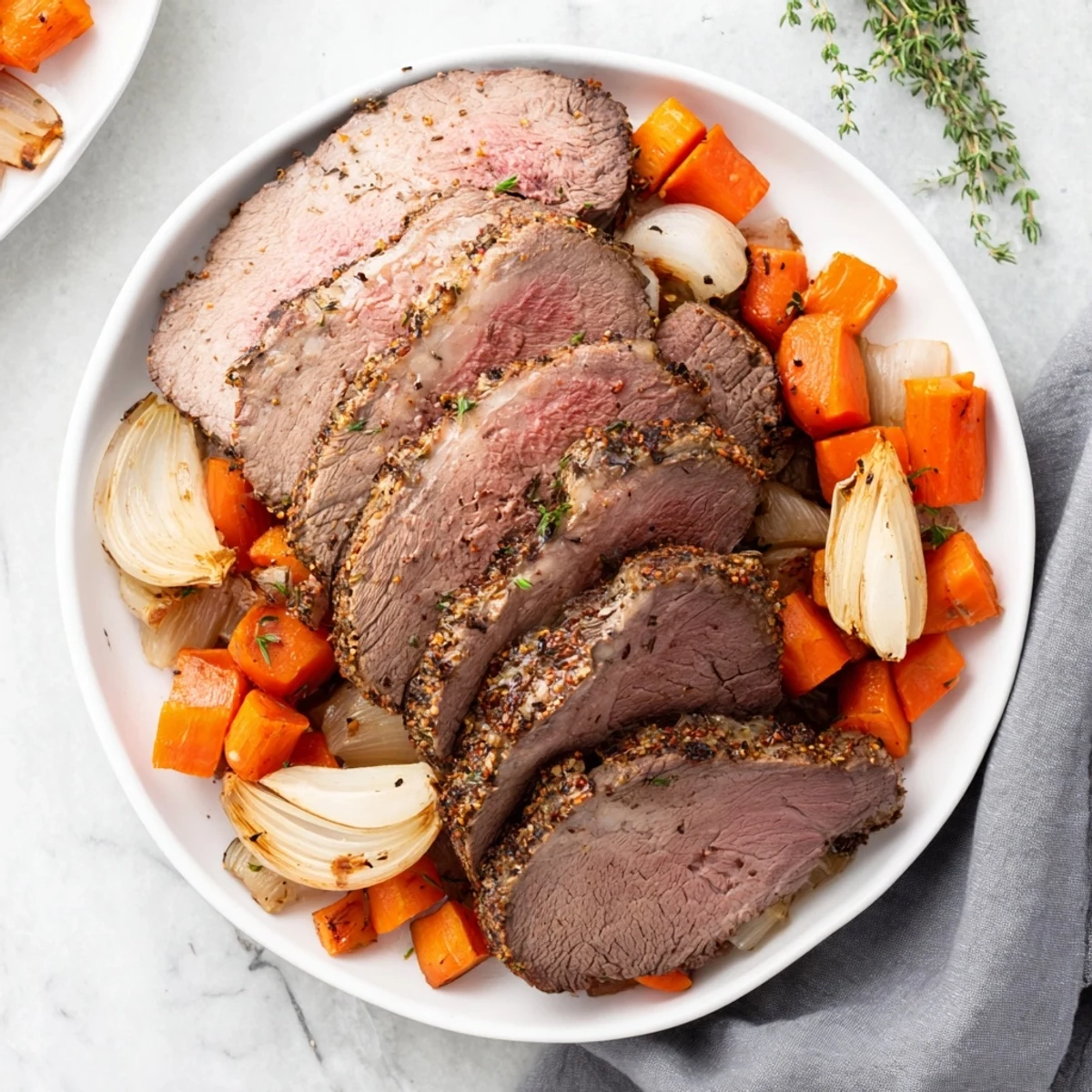 Slow roasted beef, a tender, flavorful roast with vegetables, ideal for a family dinner.