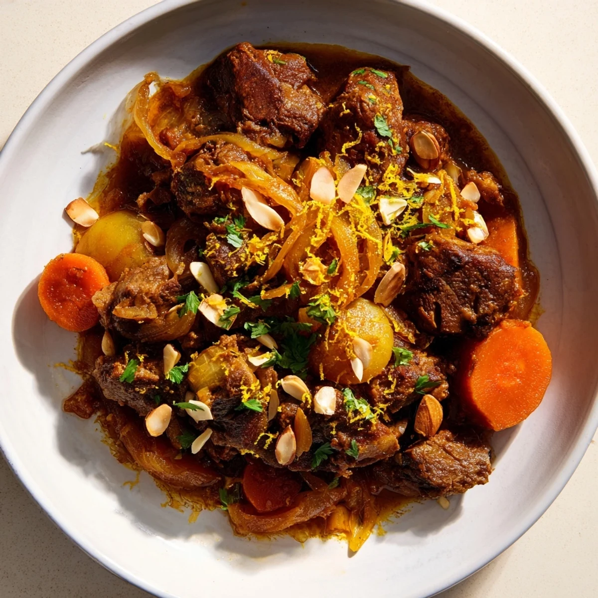 A hearty Lamb Tagine with apricots is shown, a slow-cooked stew with golden sauce and tender meat.