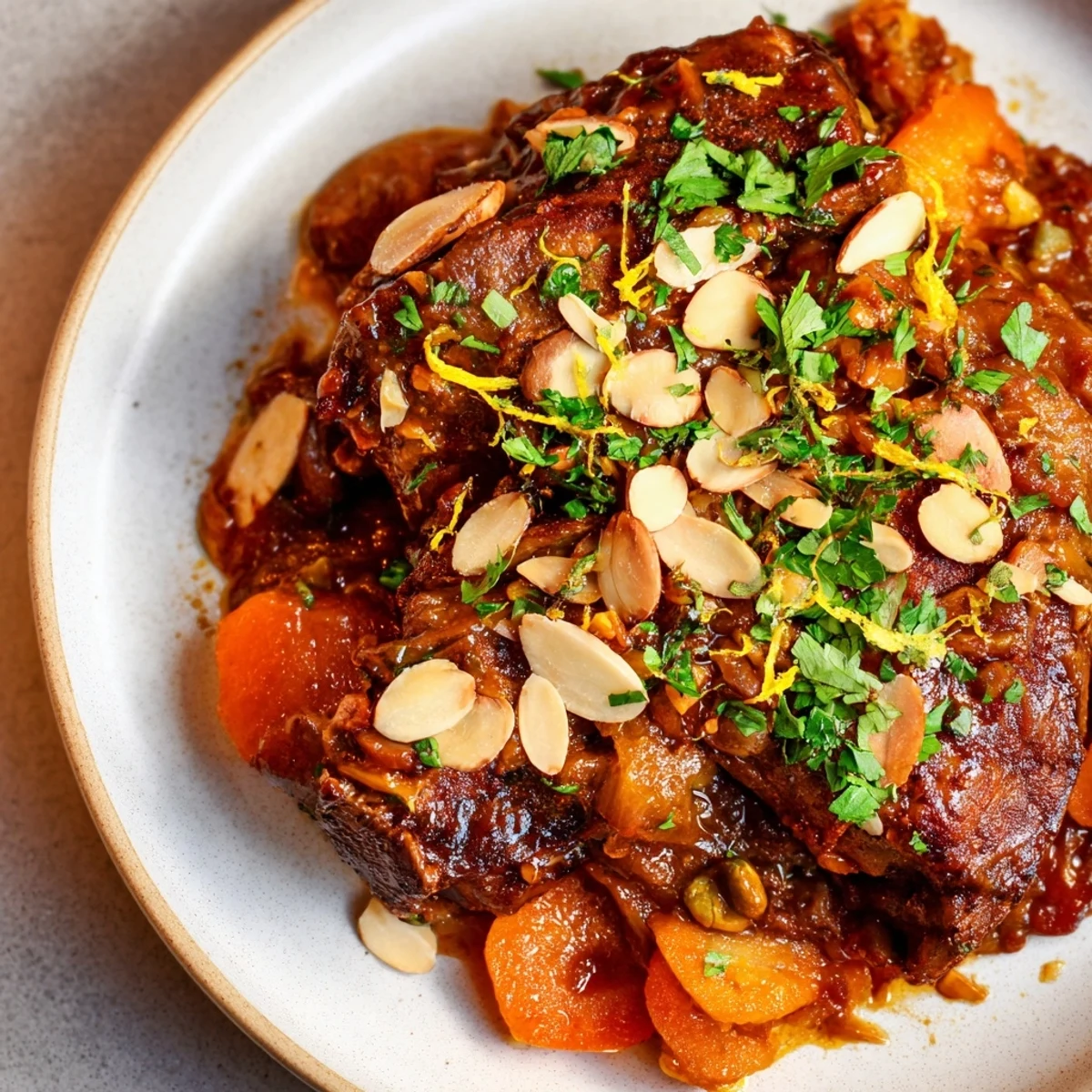 This photo depicts a flavorful Lamb Tagine with apricots, ready to be served with fluffy couscous.