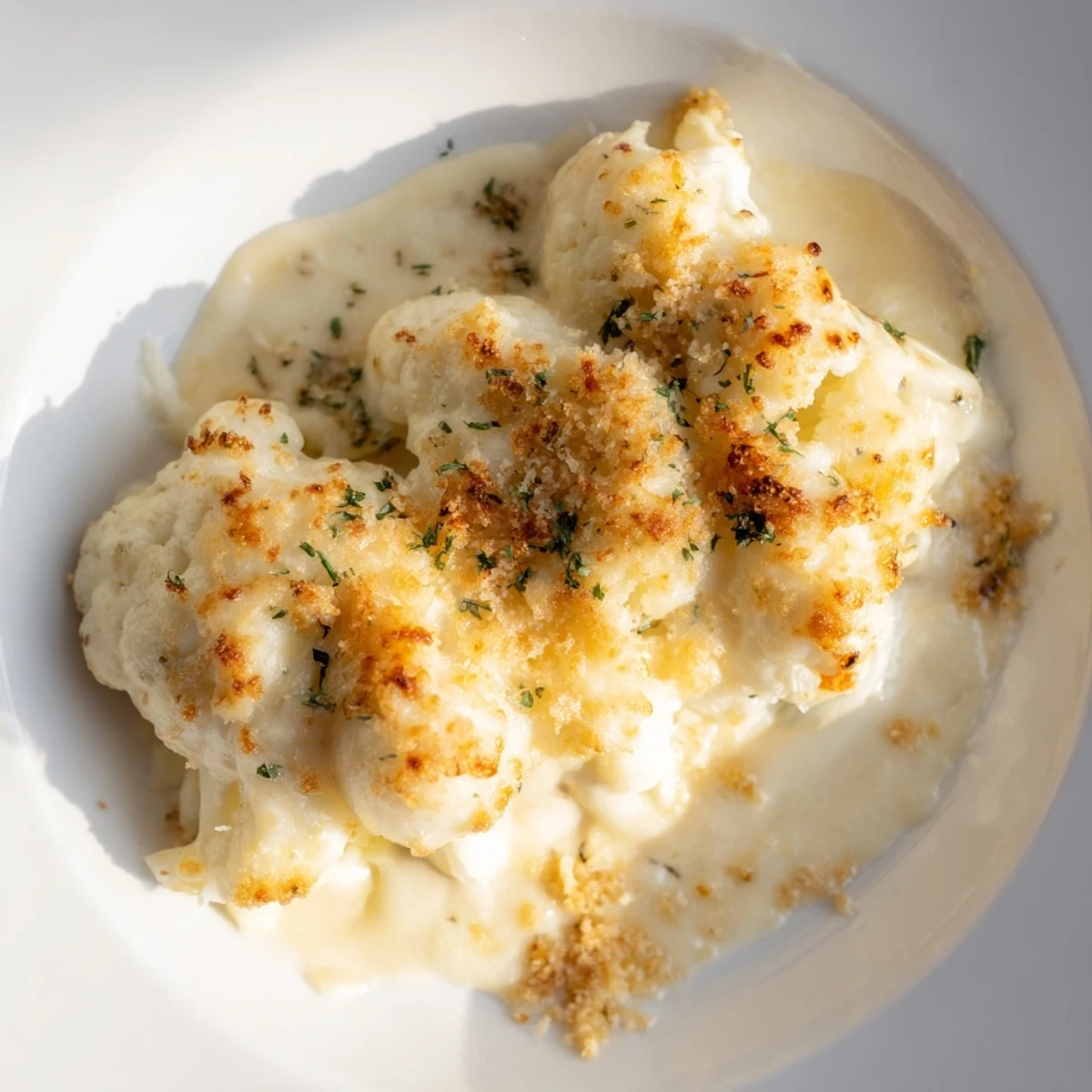 A close-up of a creamy texture, featuring the flavorful Creamy Cauliflower Cheese, baked to perfection.