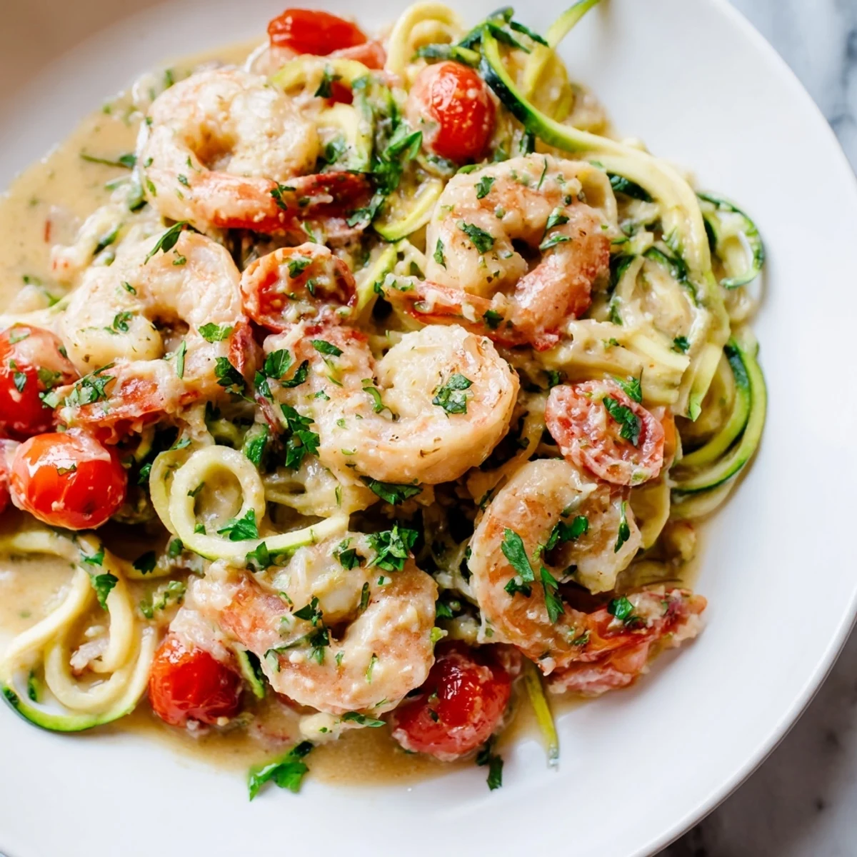 Creamy garlic shrimp with zucchini noodles, a picture of savory shrimp coated in rich, creamy sauce.