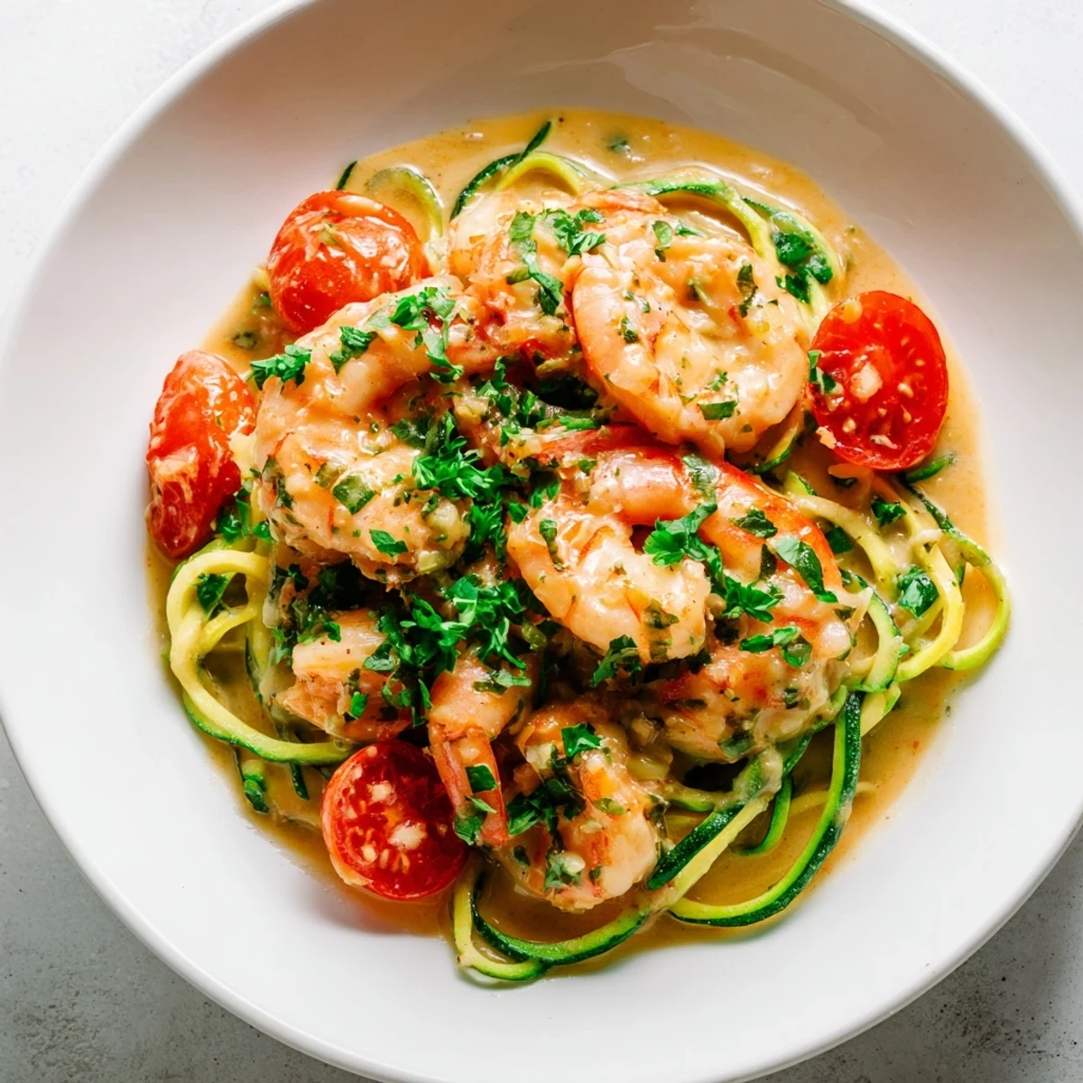 Sizzling creamy garlic shrimp with zucchini noodles, ready to be served, topped with fresh parsley.