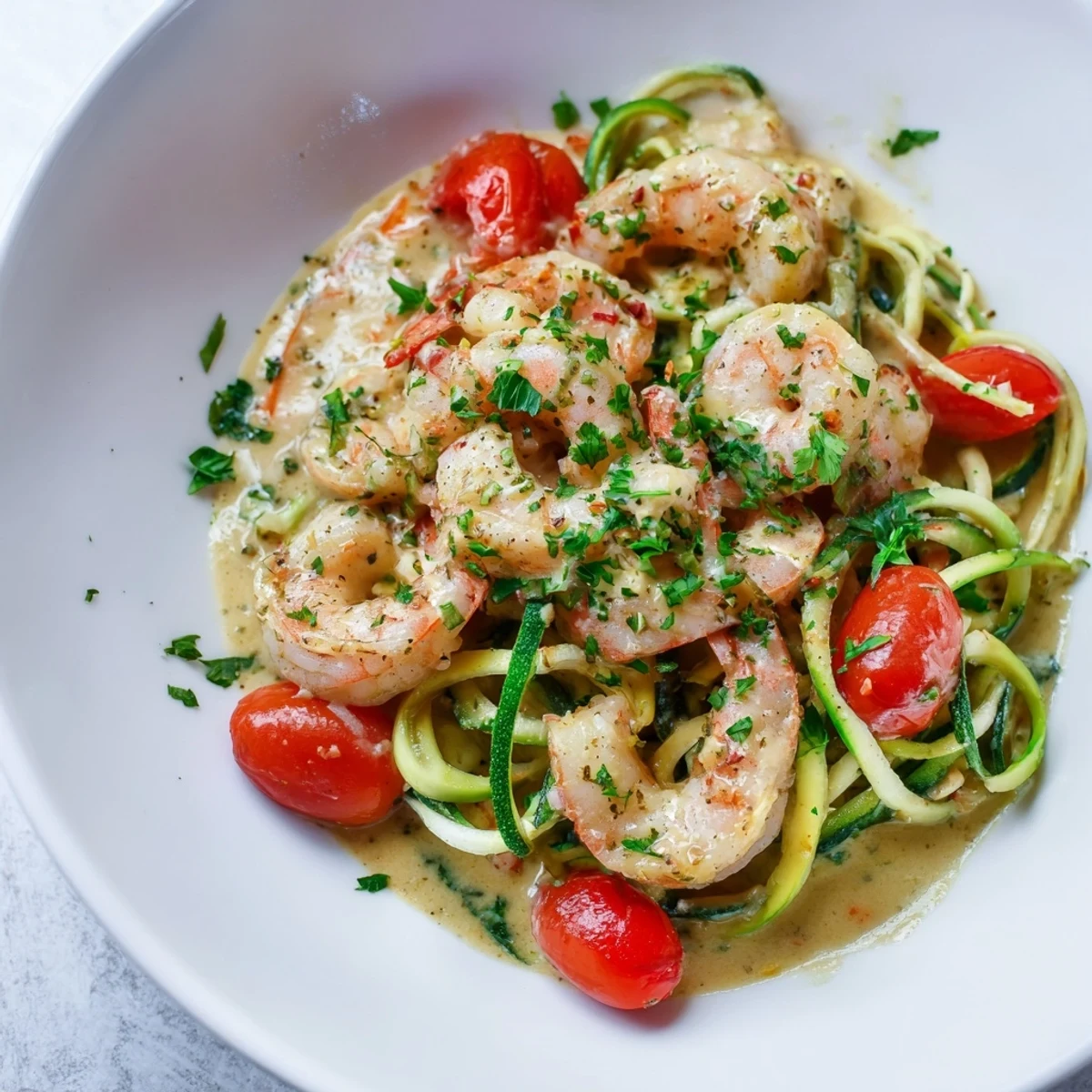 A vibrant bowl of creamy garlic shrimp with zucchini noodles, with juicy shrimp and red tomatoes.