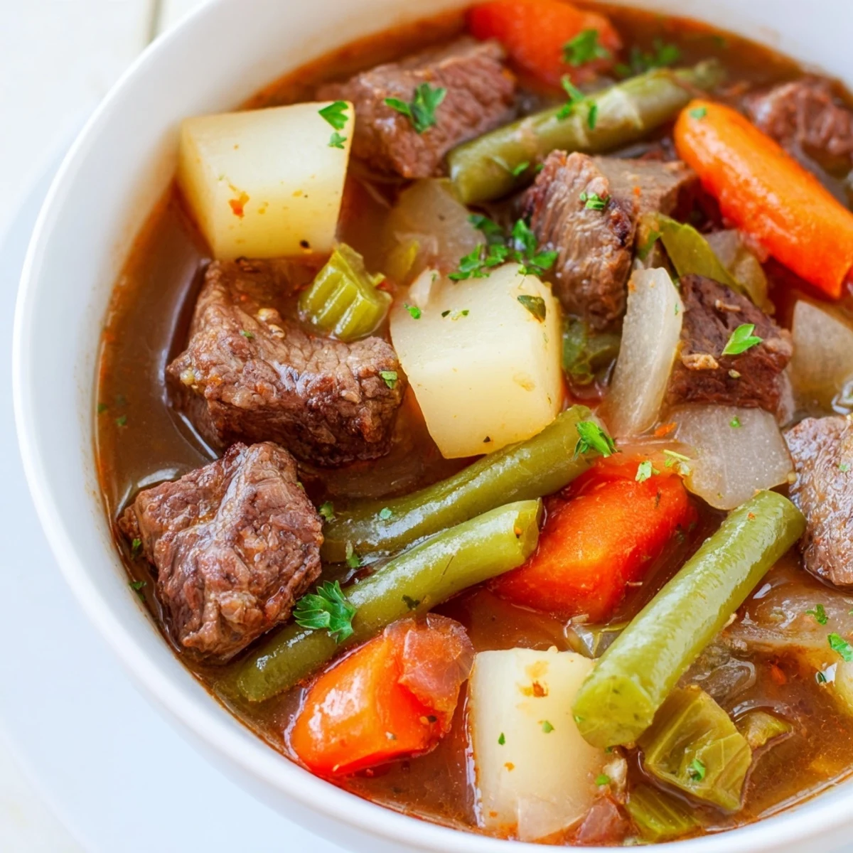 Steaming bowl of Beef Vegetable Soup with Potatoes, a hearty and flavorful American dinner.