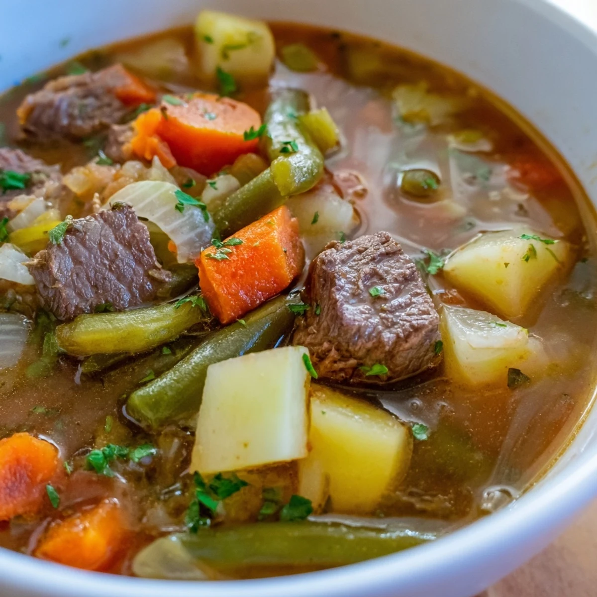 Close-up of Beef Vegetable Soup with Potatoes garnished with parsley, a comforting meal.