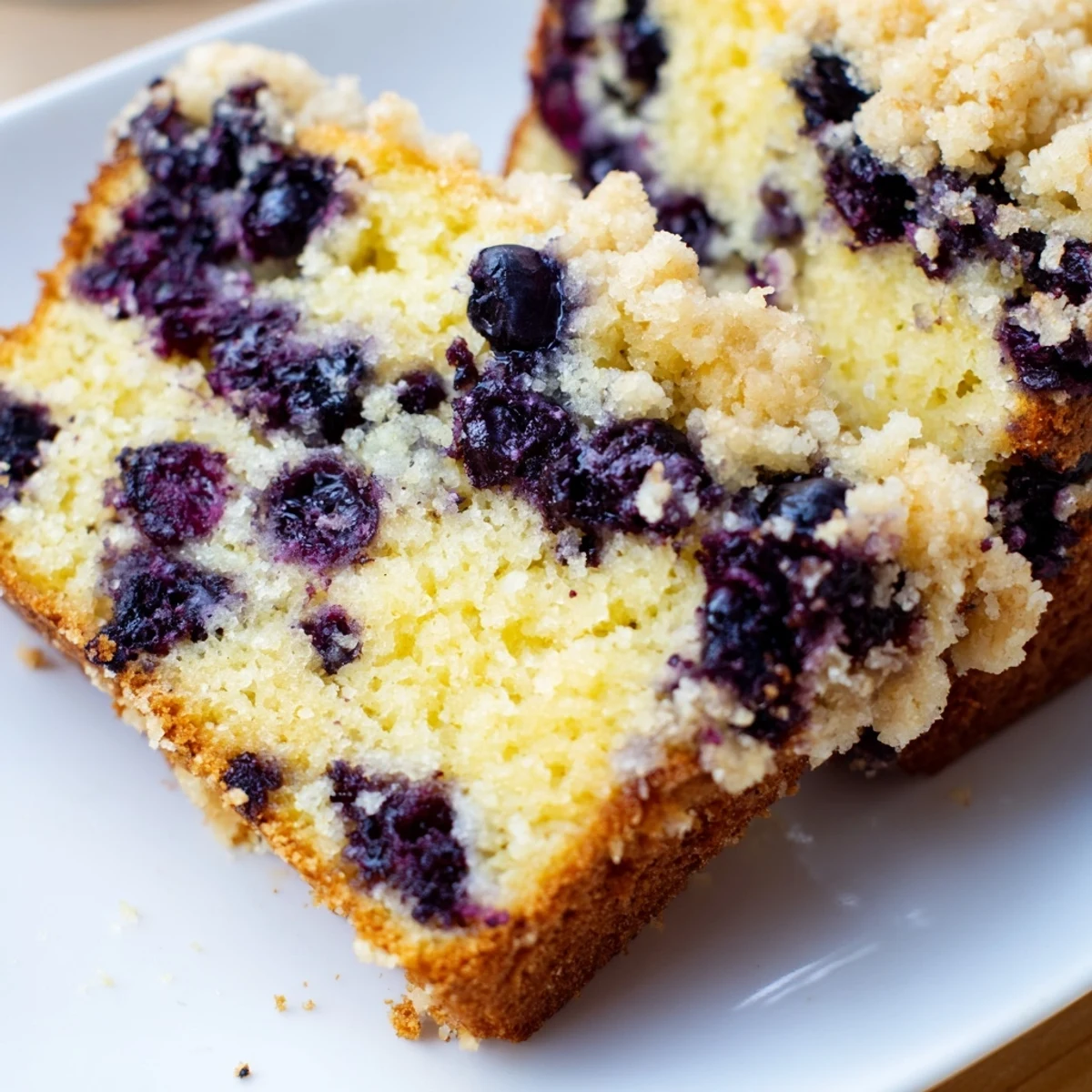 Fluffy Lemon Blueberry Bread, topped with golden streusel, ready for a delicious breakfast.