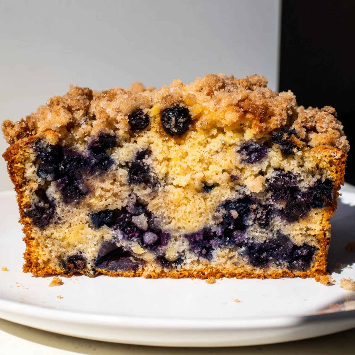 A warm slice of homemade Lemon Blueberry Bread, speckled with blueberries, waiting to be enjoyed.