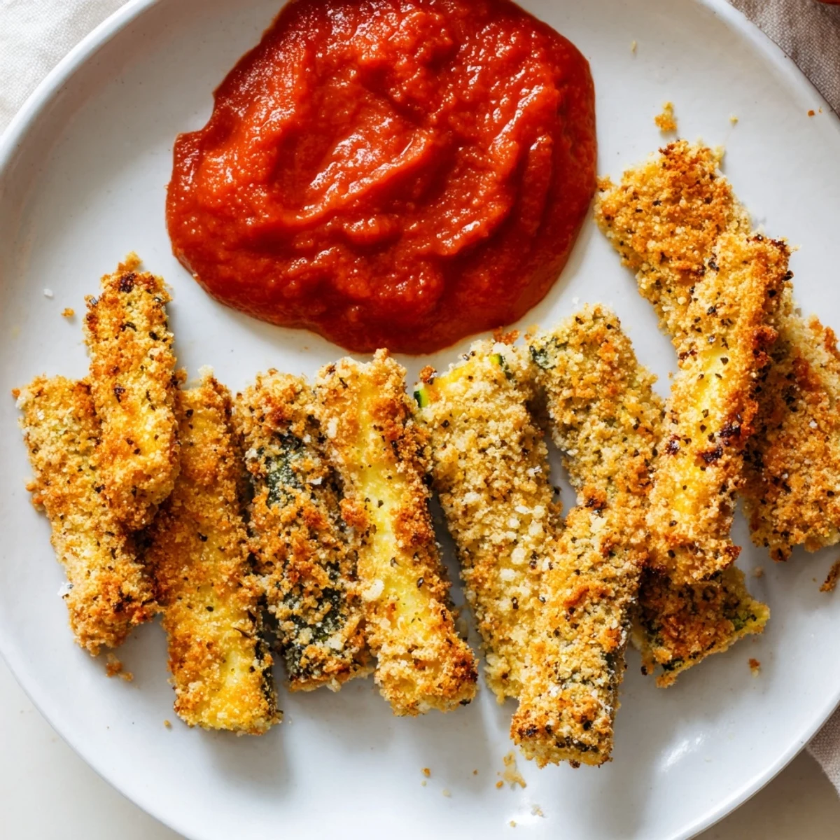 Close-up of crispy baked zucchini fries, perfect for dipping into the warm, homemade marinara.