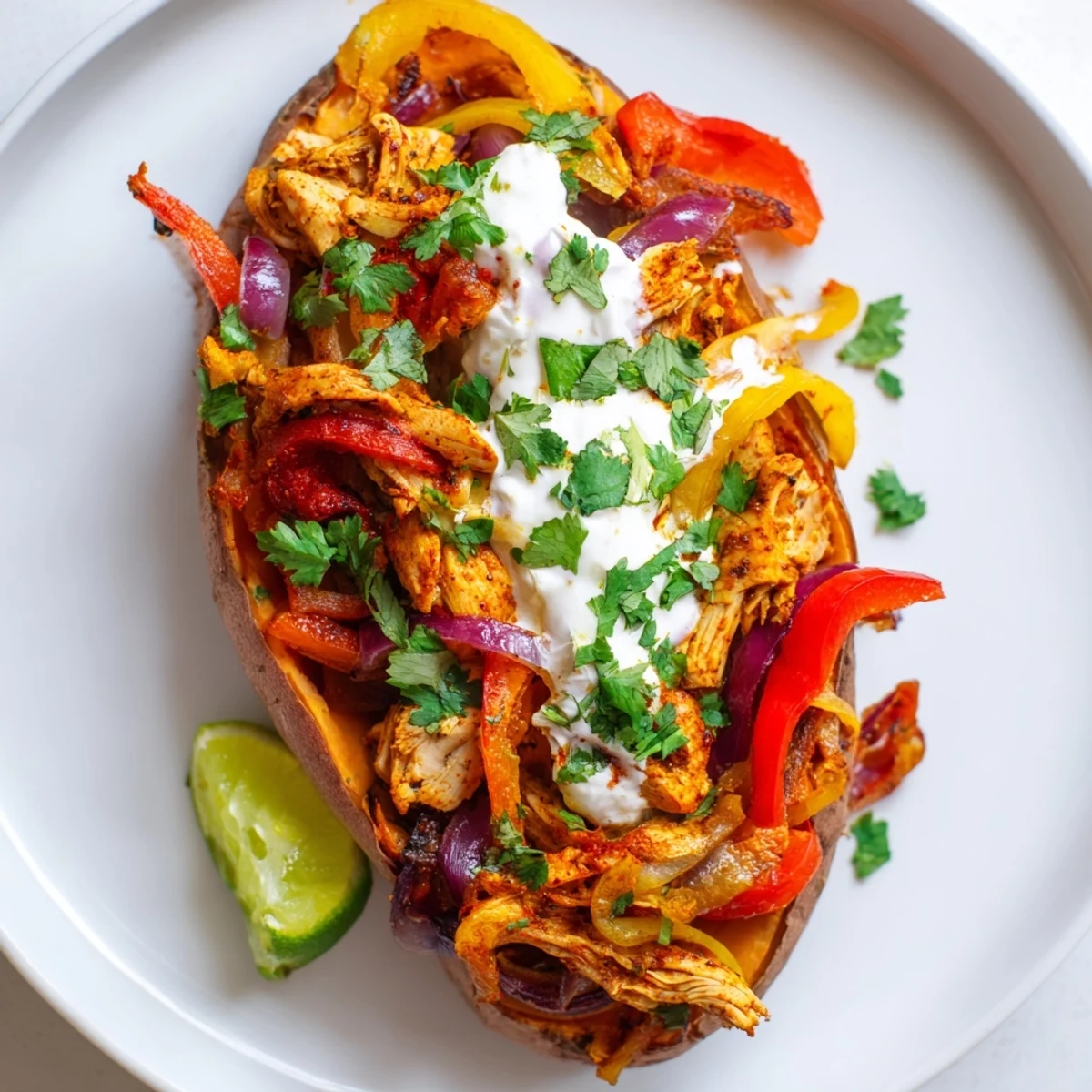 A delicious Chicken Fajita Stuffed Sweet Potatoes meal, loaded with tender chicken and veggies under creamy yogurt.