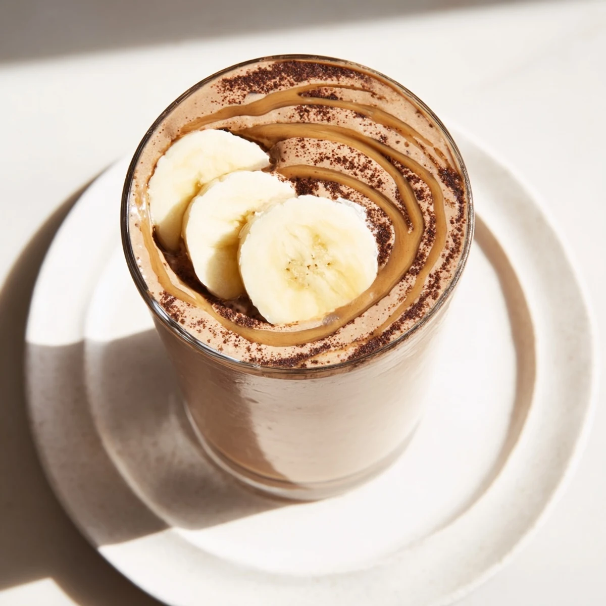 Rich, chocolatey Chocolate Peanut Butter Smoothie poured into a glass, garnished with banana slices and peanut butter.