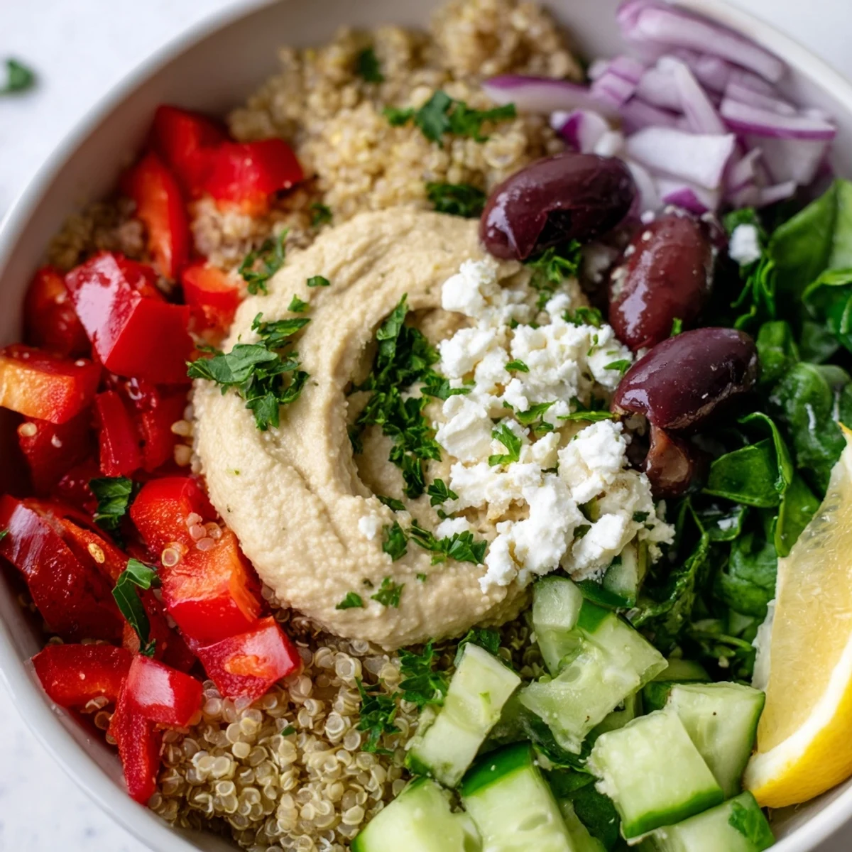 A close-up of a refreshing Mediterranean Quinoa Bowl, ready to be enjoyed as a vibrant lunch.