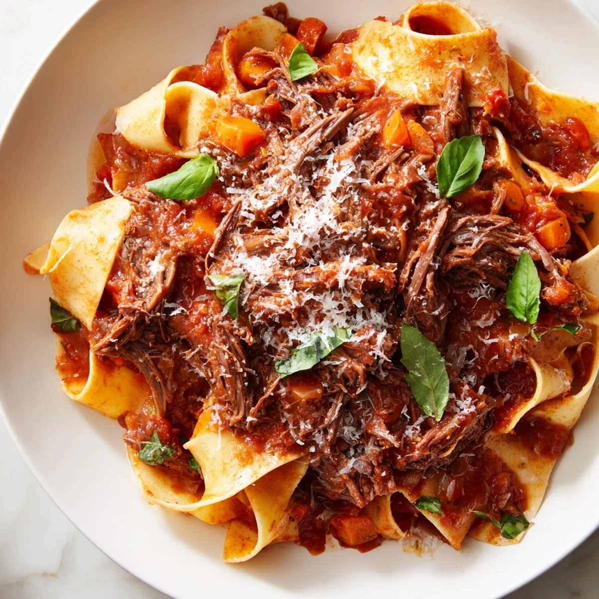 A steaming bowl of slow cooker beef ragu over pappardelle pasta, garnished with fresh herbs.