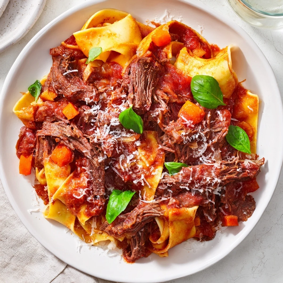 Rich and savory slow cooker beef ragu, served on a bed of wide pappardelle, ready to eat.