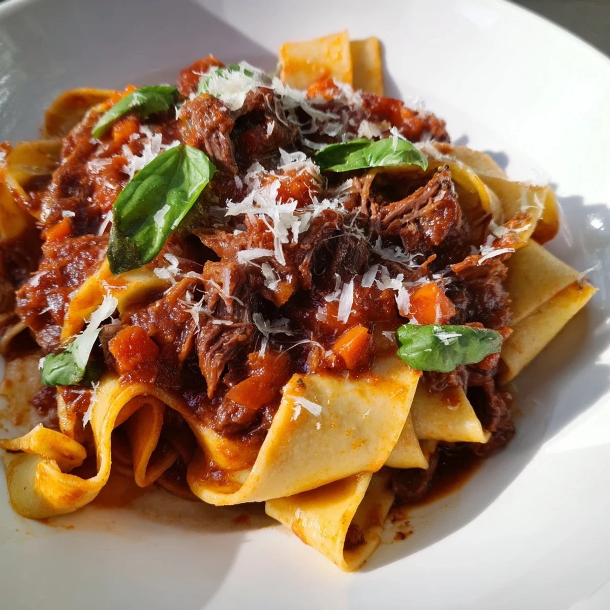 Close-up of tender, shredded beef ragu with pappardelle pasta, perfect for a cozy dinner.