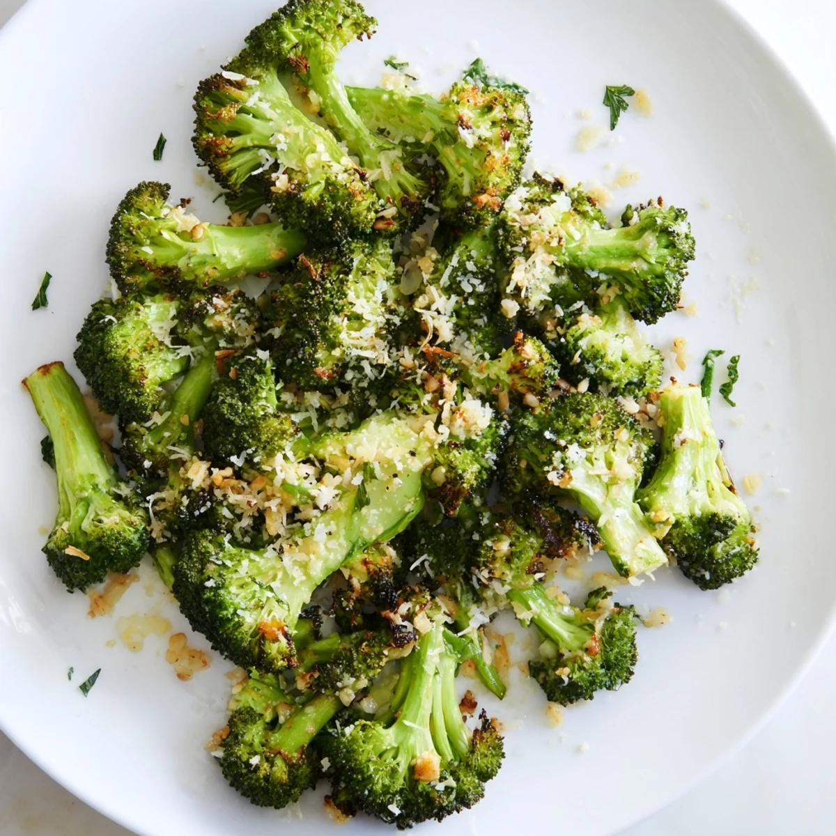 Golden-brown Roasted Broccoli with Garlic and Parmesan, sizzling from the oven and ready to serve.