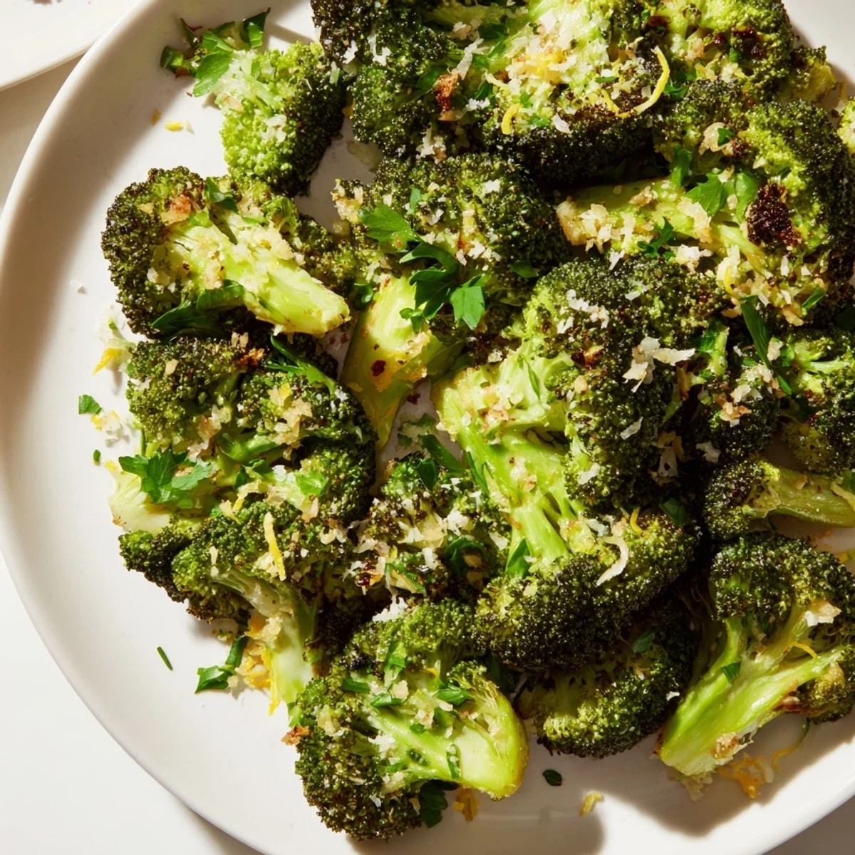 Freshly roasted broccoli coated in Parmesan, a simple yet flavorful side; imagine the warm, garlicky aroma.