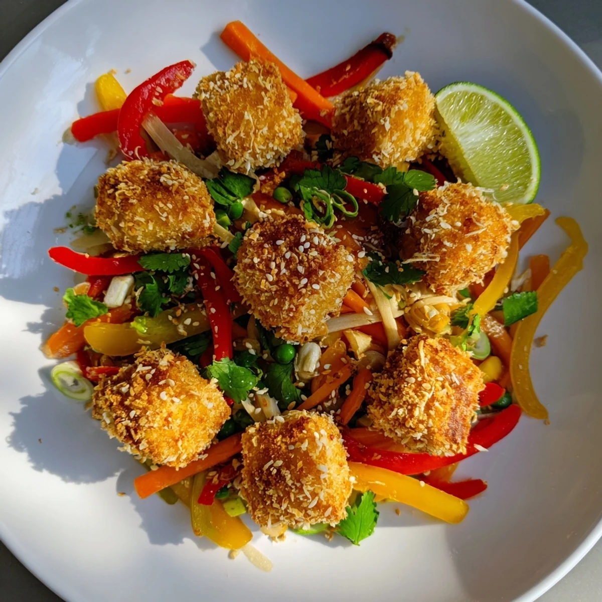 Enjoy the vibrant textures of Crispy Coconut Tofu with Stir Fry Veggies, beautifully garnished with cilantro and sesame seeds.