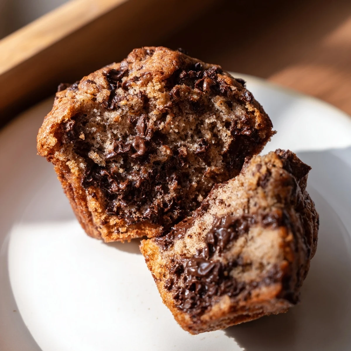 Fluffy chocolate banana muffins, aromatic and delicious, ready to eat for breakfast or a sweet snack.