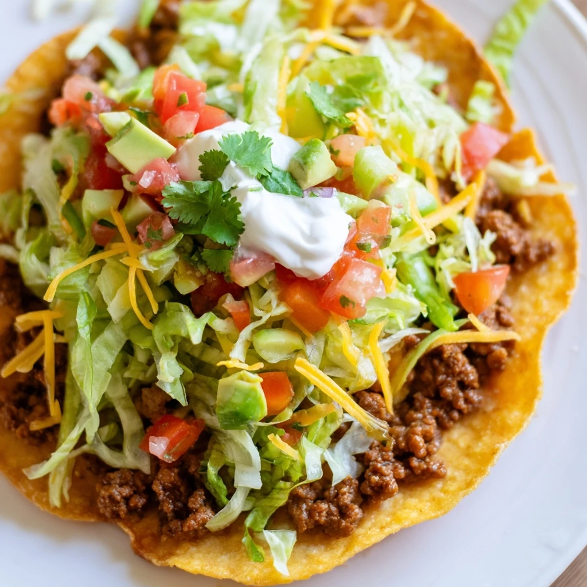 Golden-brown Beef Tostadas are piled high with flavorful beef and vibrant, fresh toppings.
