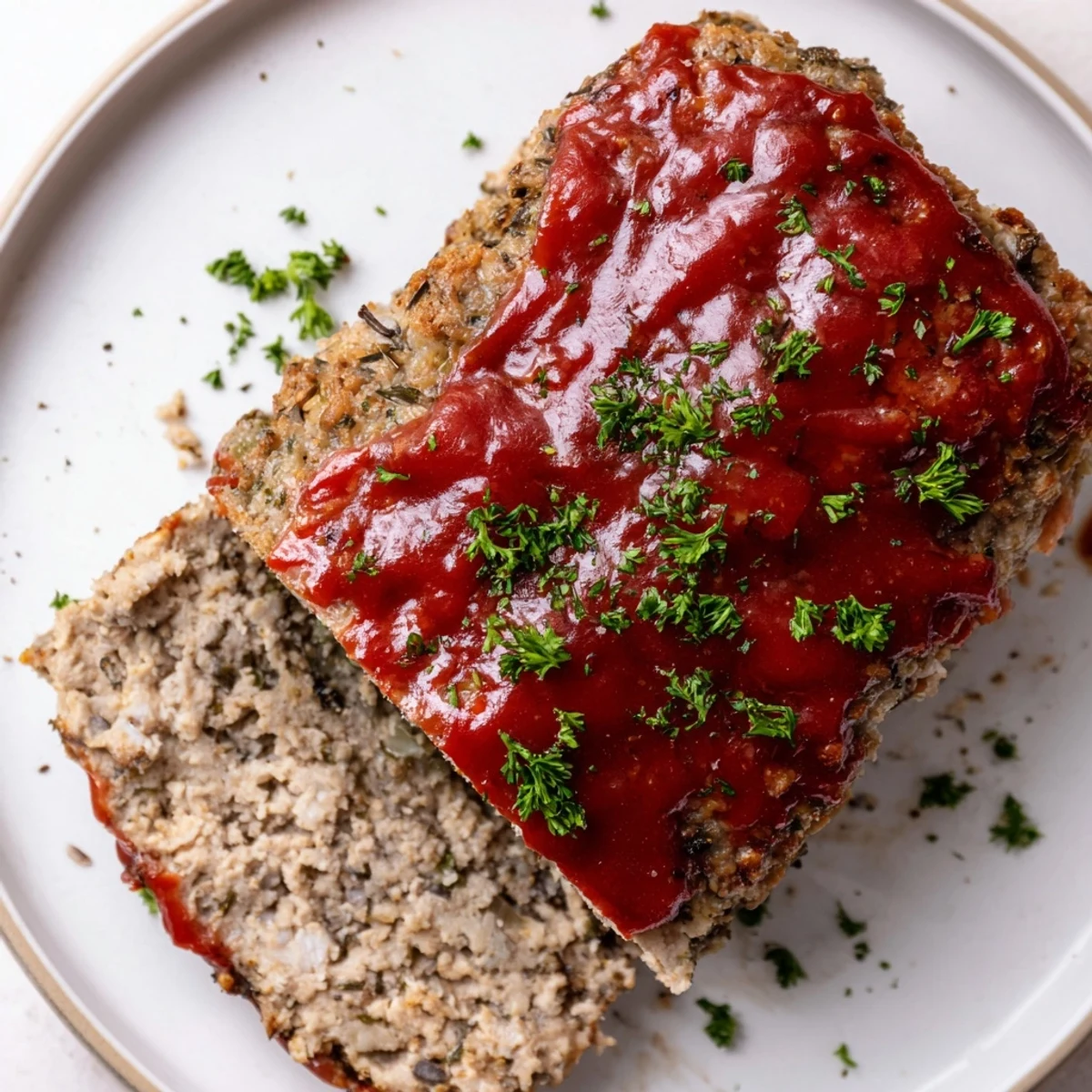 Sliced turkey meatloaf on a white plate, garnished with fresh thyme and parsley alongside mashed potatoes.