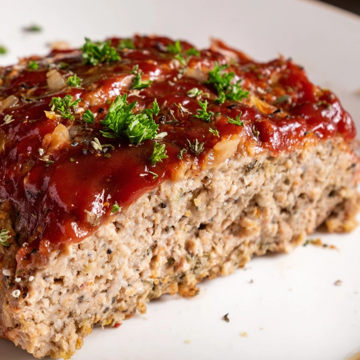 Golden-brown turkey meatloaf with a tangy glaze on a rustic platter, sliced to show juicy, herb-packed interior.