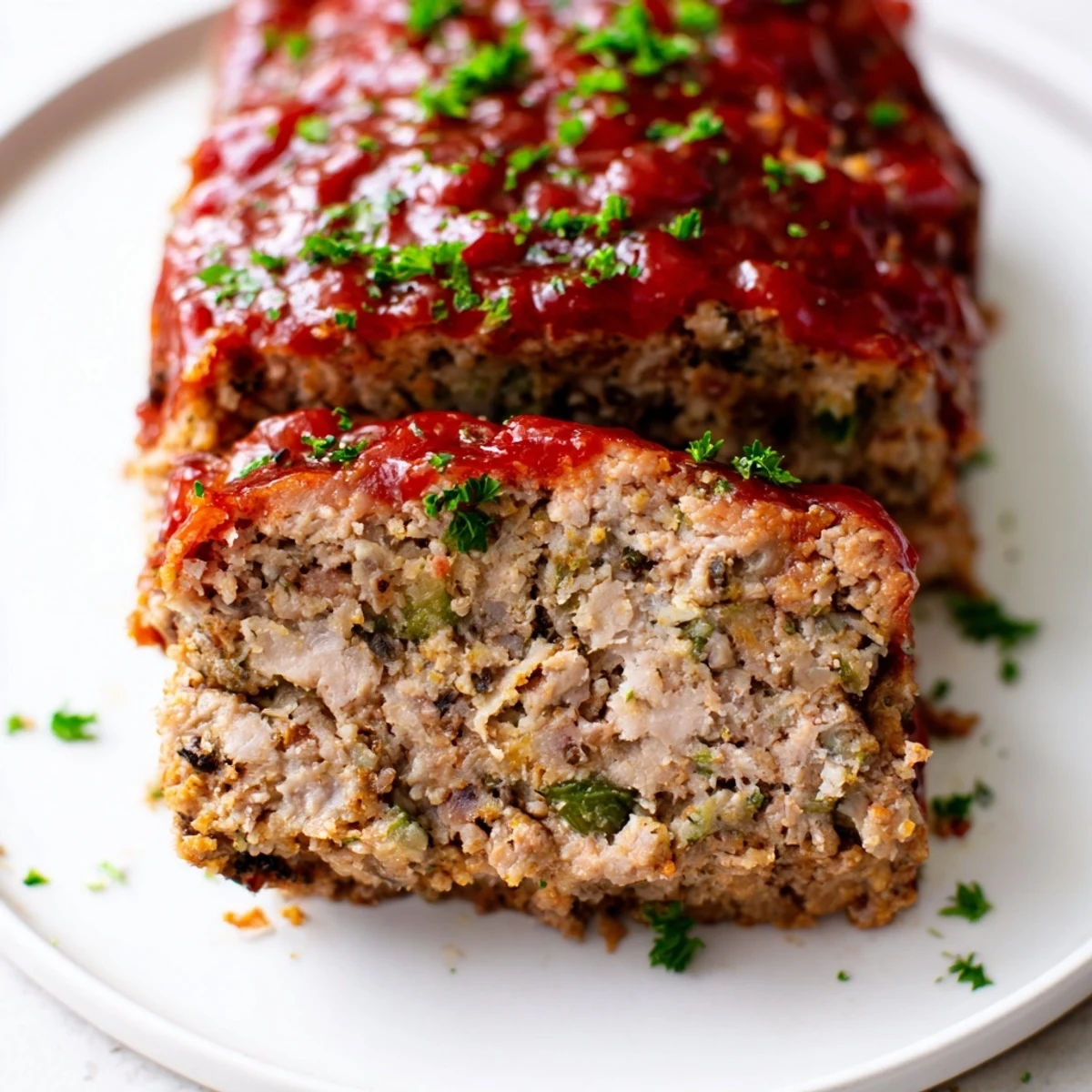 Freshly baked turkey meatloaf with a sticky brown sugar glaze, resting on parchment for a family dinner.