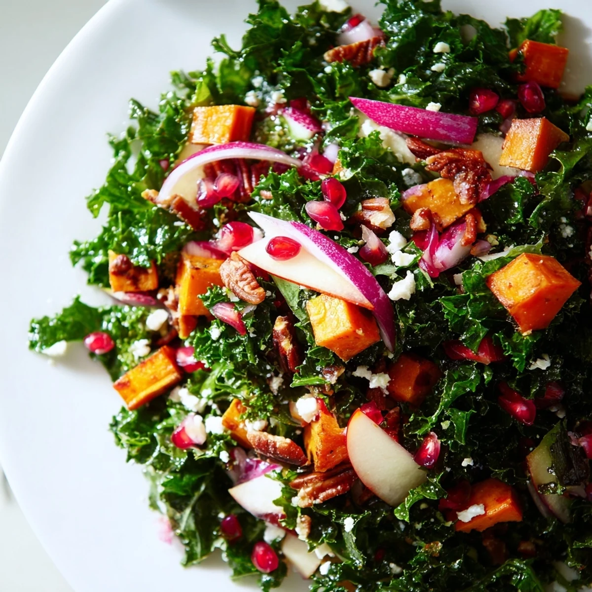 Crisp kale salad with roasted sweet potato, red onion, and apple slices topped with pecans and pomegranate seeds.