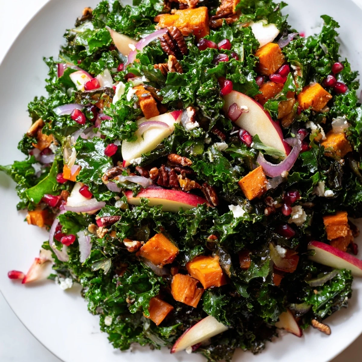 Winter Kale Salad served in a white bowl with a citrusy zesty dressing ready for a healthy lunch.