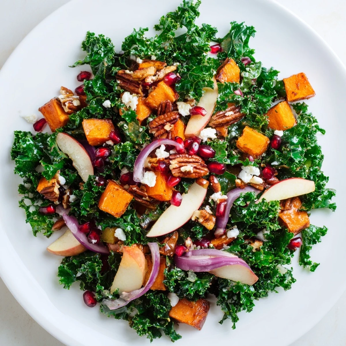 Close-up of Winter Kale Salad featuring golden roasted sweet potato, crunchy nuts, and glistening citrus dressing, perfect for winter.