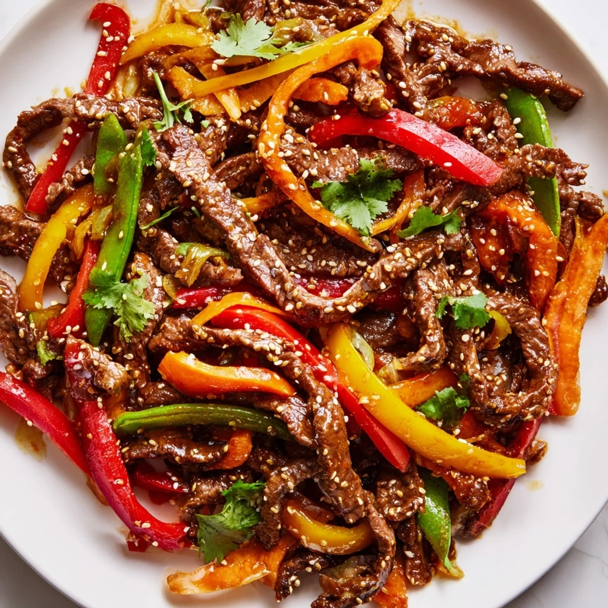 Garnished plate of homemade Spicy Beef Stir Fry featuring a savory glaze and fresh cilantro