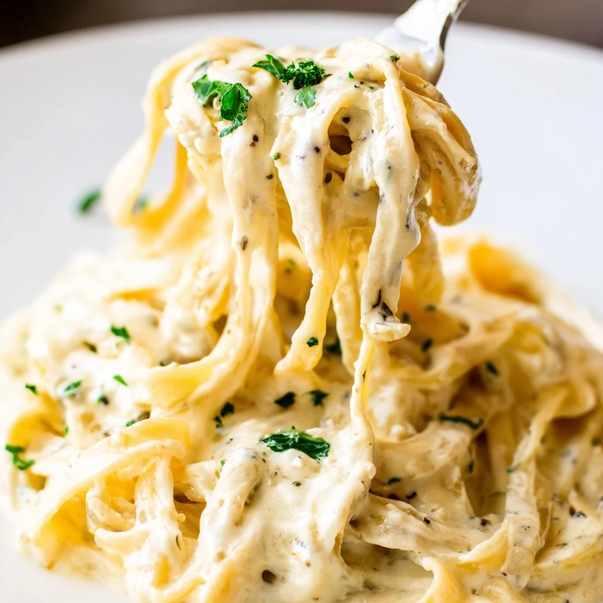 Steaming plate of Creamy Alfredo with fettuccine, tossed in a rich Parmesan cream sauce and garnished with fresh parsley.