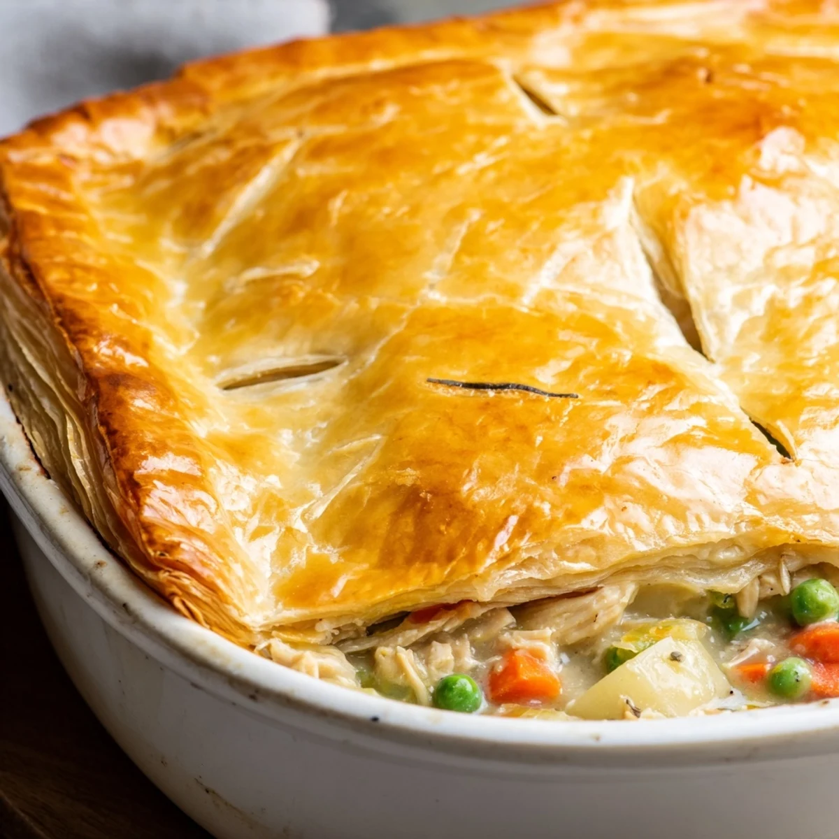 Golden-brown flaky pastry tops a bubbling Chicken Pot Pie filled with creamy chicken, peas, and carrots.