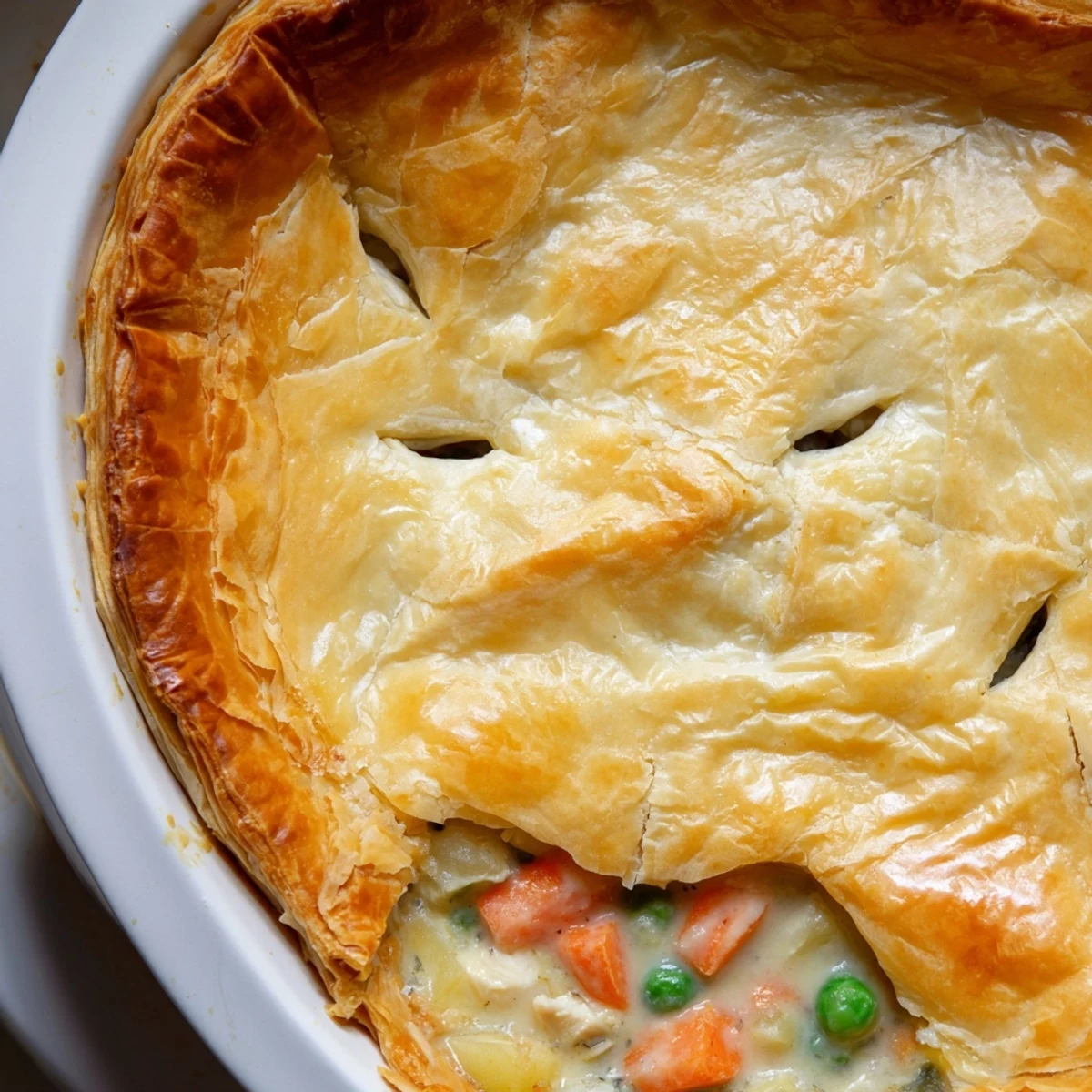 Sliced Chicken Pot Pie shows tender potatoes and celery in rich sauce, served steaming on a plate.
