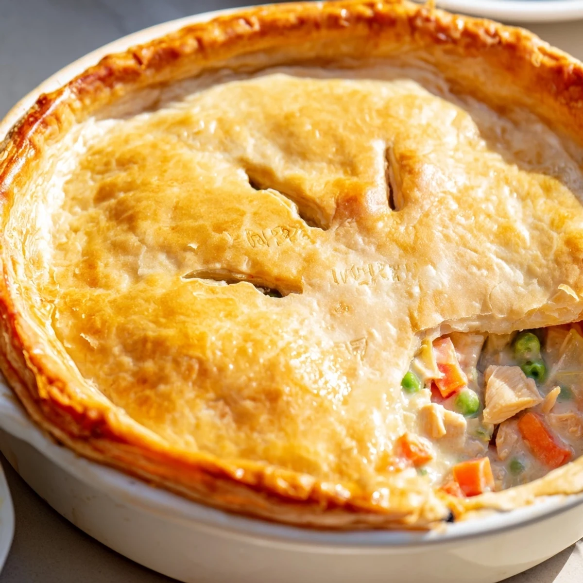 Fresh herbs garnish a rustic Chicken Pot Pie, revealing creamy filling with diced chicken and veggies inside.