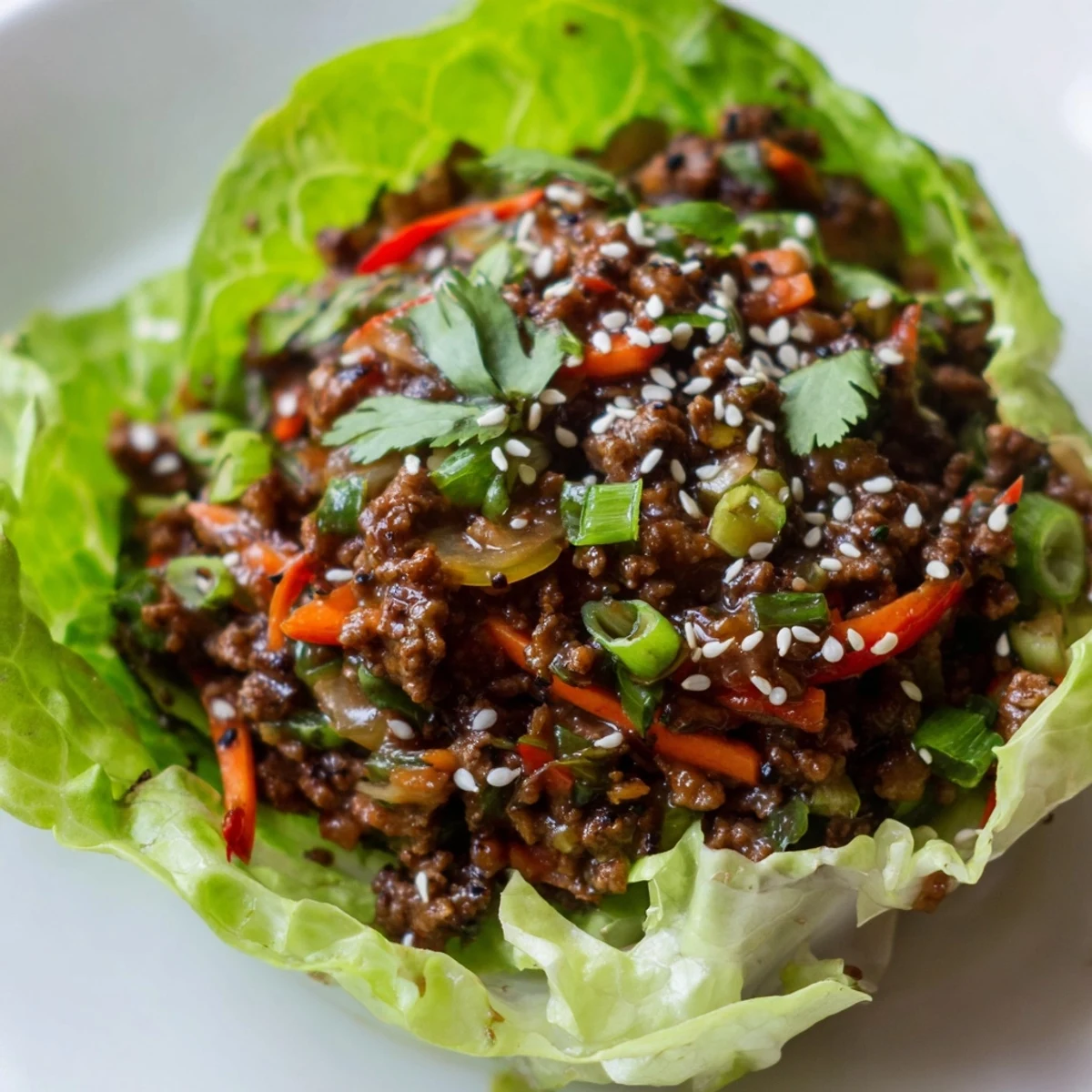 Freshly cooked beef filling with ginger and peppers spooned into crisp butter lettuce cups, ready to eat.