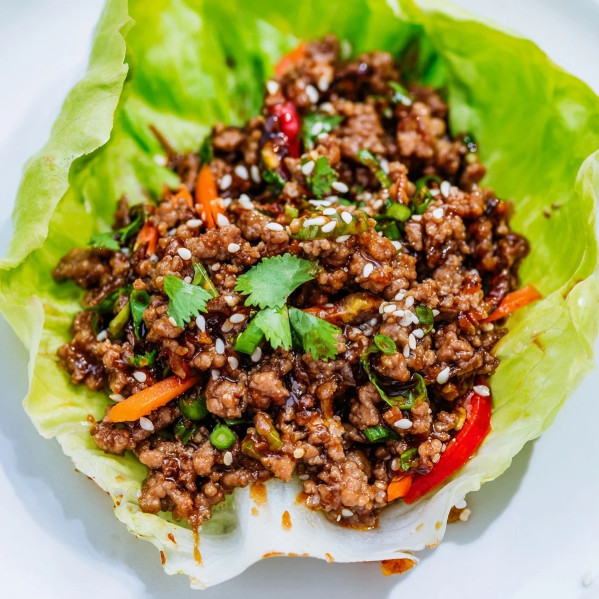 Savory ground beef and crunchy vegetables in Asian sauce piled high on a green lettuce leaf.