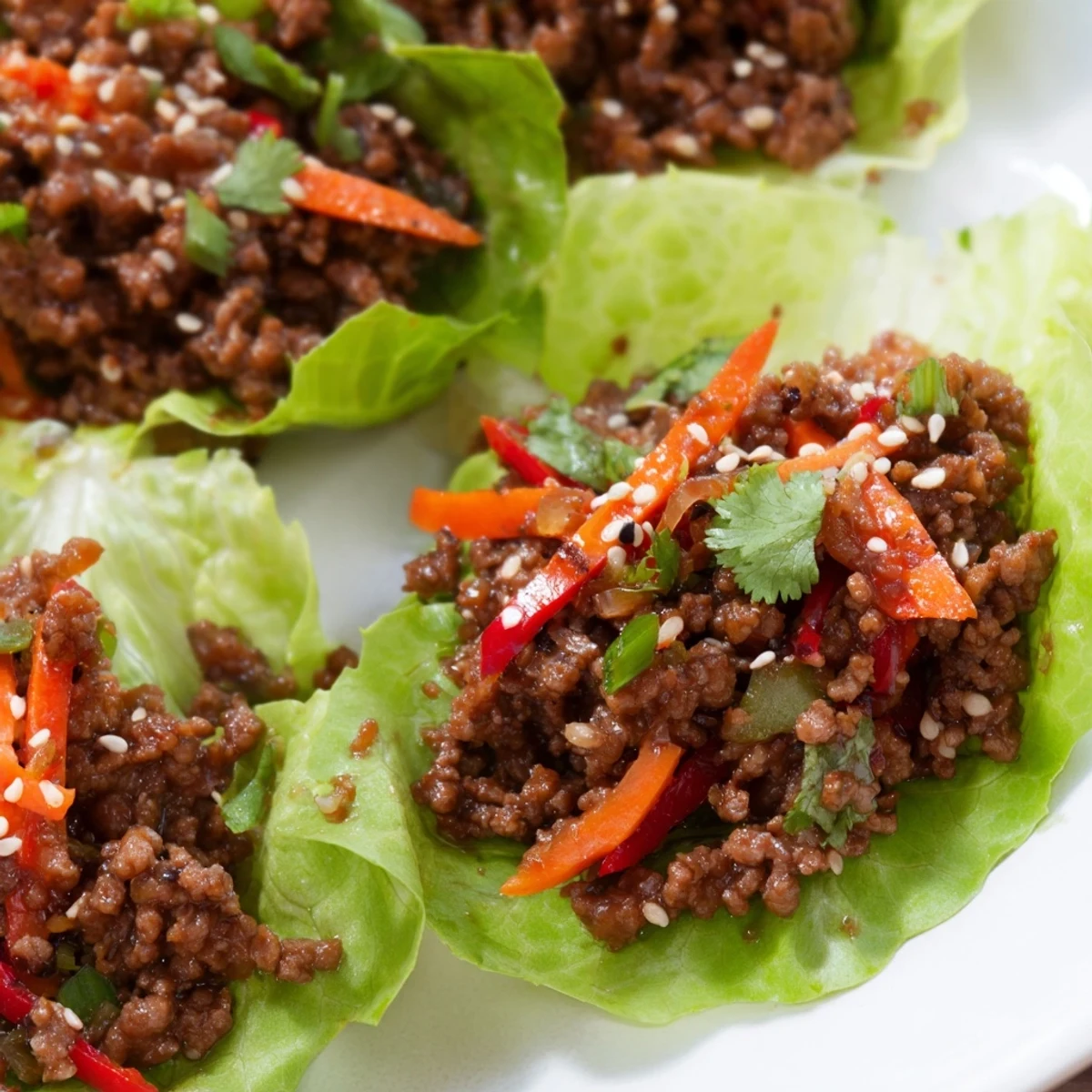 Tender lettuce wraps filled with warm savory beef, topped with sesame seeds and fresh cilantro.