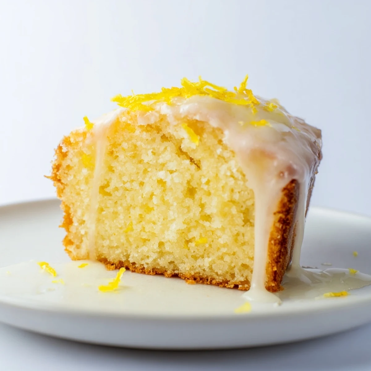 Freshly baked Lemon Loaf on a wooden board, drizzled with a sparkling sweet glaze and topped with bright lemon zest.