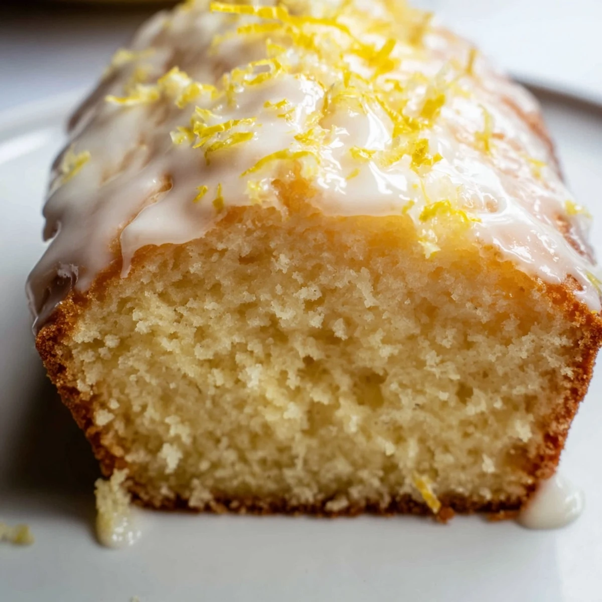 A sliced Lemon Loaf reveals a tender, golden crumb, with zesty lemon juice glaze dripping down the sides.