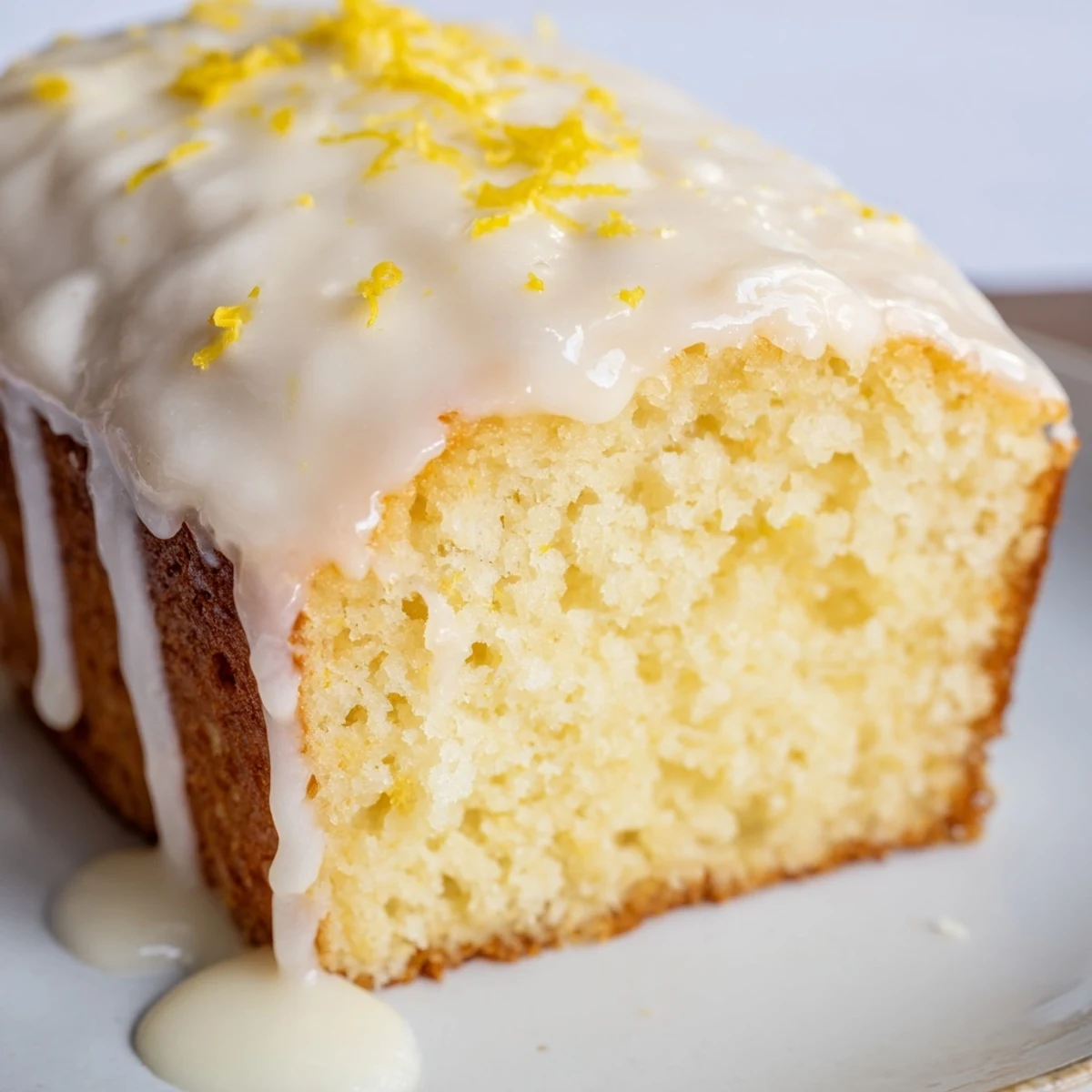 Moist Lemon Loaf served on a white plate with fresh blueberries, ready for an afternoon coffee break or dessert.