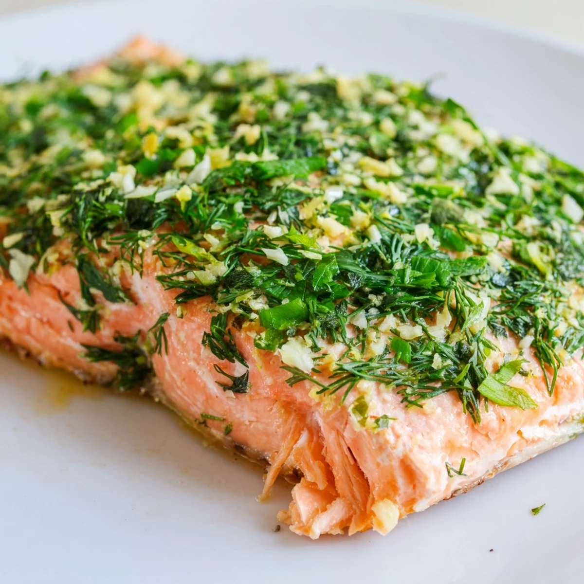 Garnished Baked Salmon with Dill plated alongside roasted potatoes and asparagus for dinner.