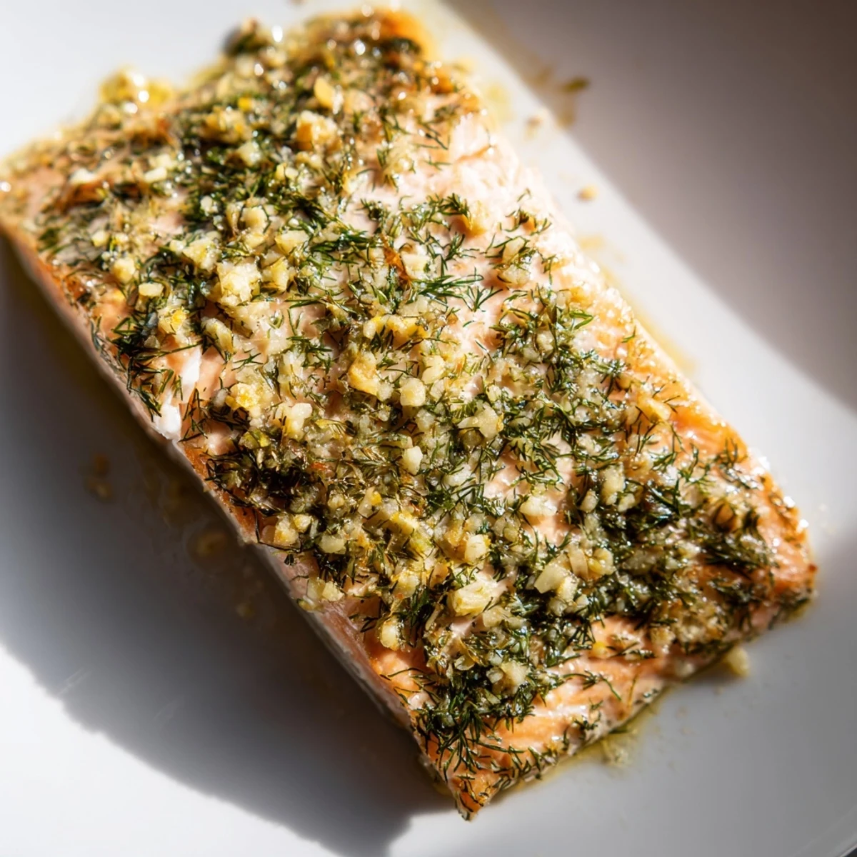 Oven-baked salmon fillet topped with fresh dill and lemon slices, ready to serve.