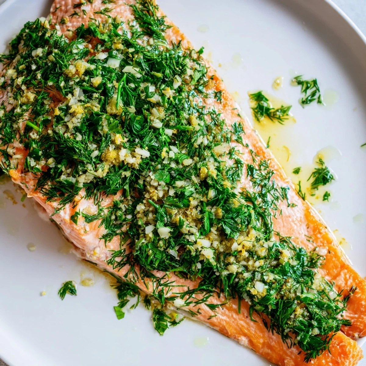 Freshly prepared Baked Salmon with Dill featuring a golden crust and vibrant green herbs.