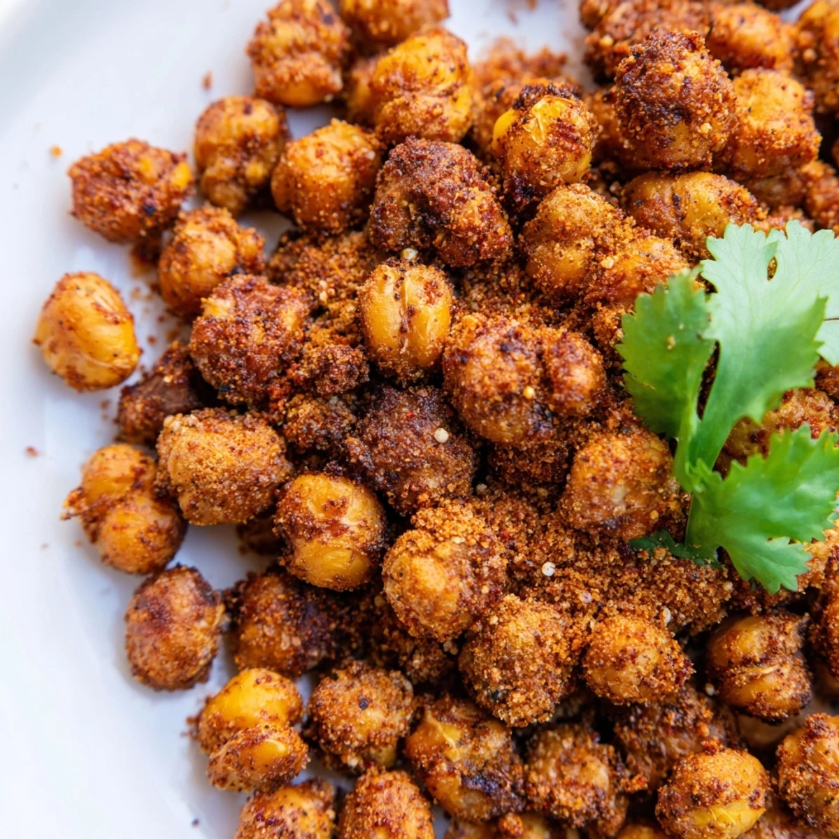 A close-up of Spicy Roasted Chickpeas with Cumin and Chili reveals crispy edges, vibrant spices, and fresh lime wedges.