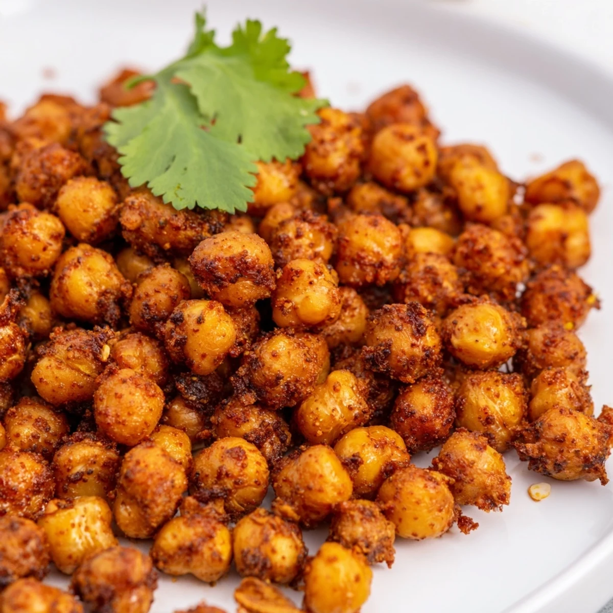 Golden Spicy Roasted Chickpeas with Cumin and Chili spill from a roasting pan, a crunchy vegan snack or salad topper.
