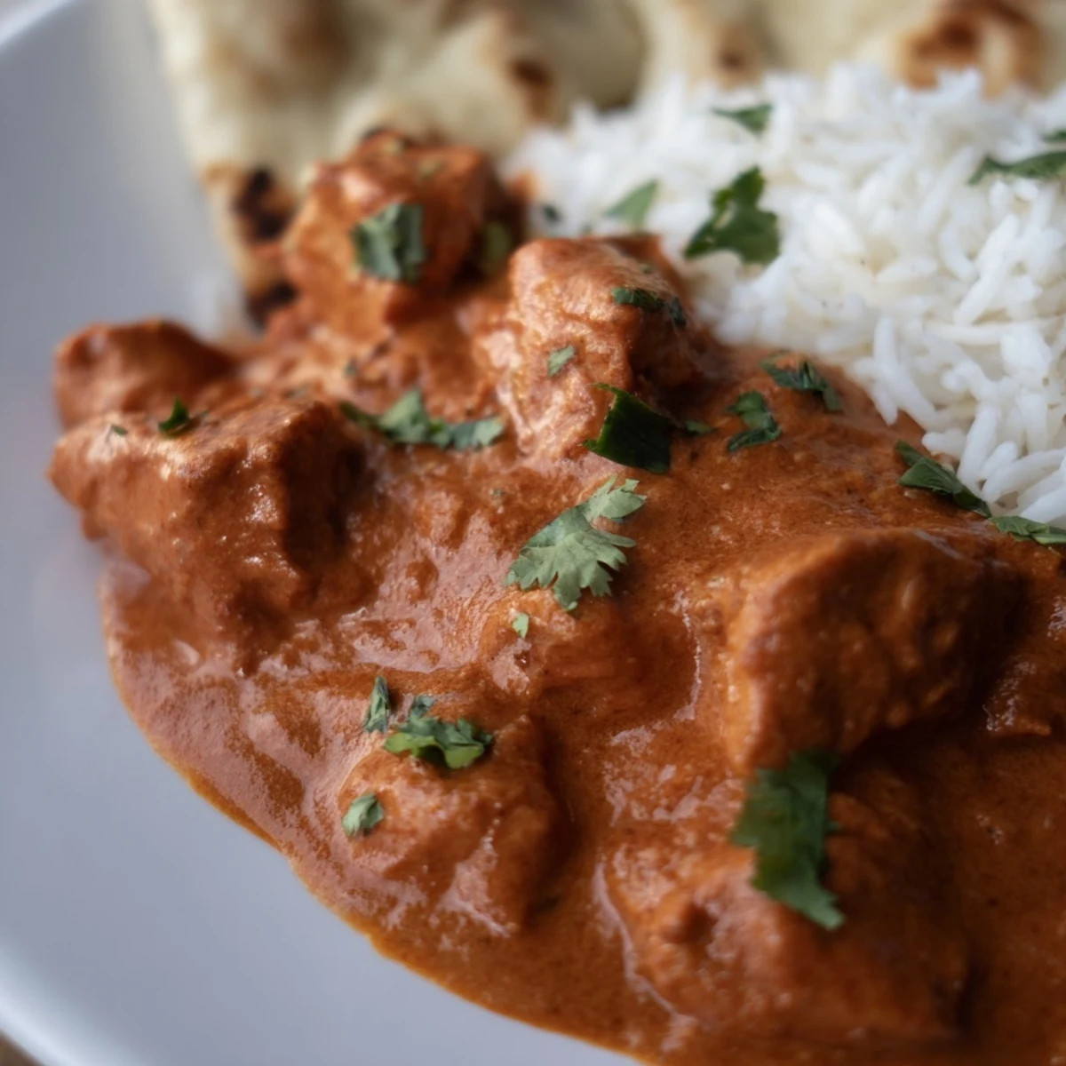 A spoon drags through the creamy, tomato-rich chicken tikka masala as fluffy basmati rice and naan wait.