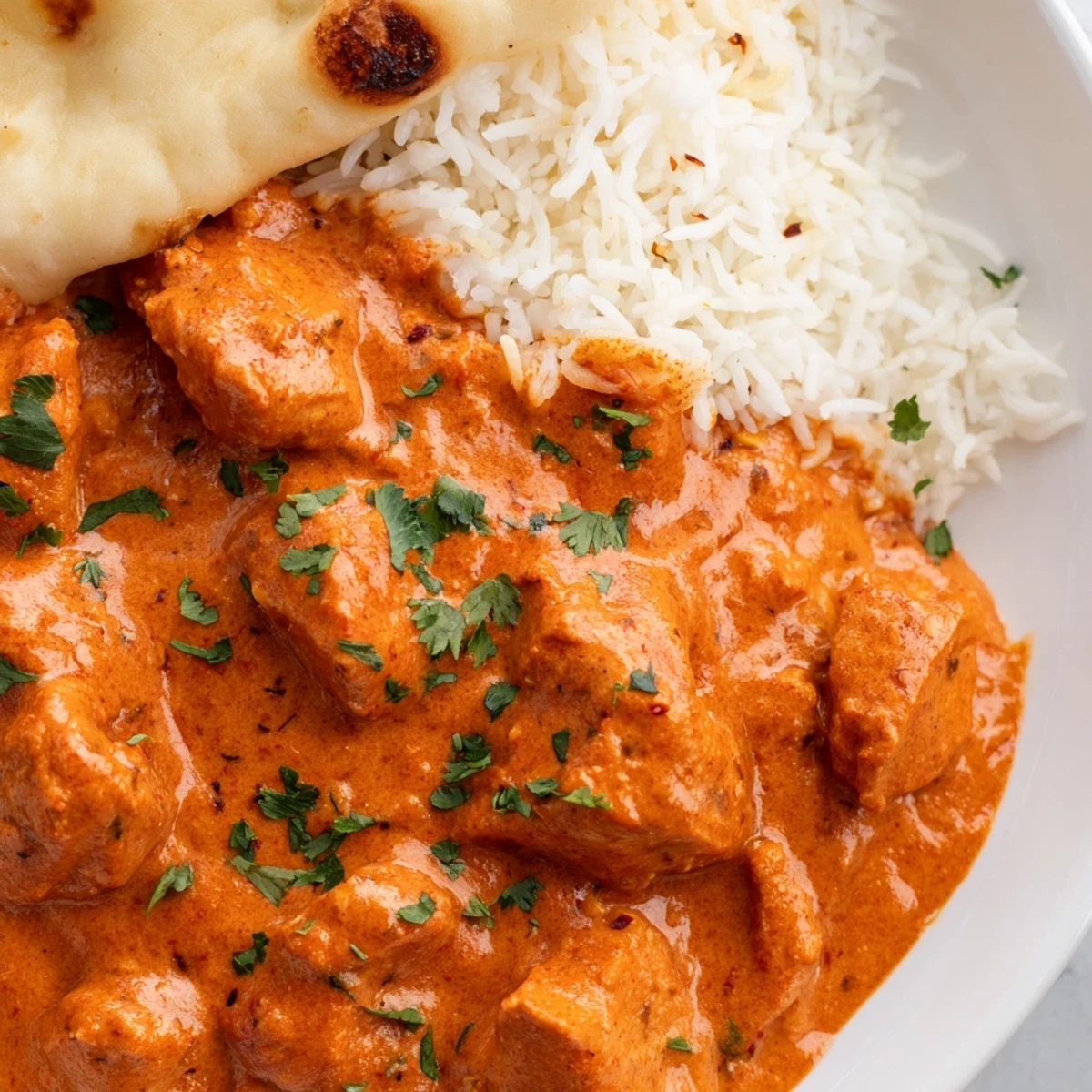 Steamed basmati rice and warm naan sit beside tender chicken tikka masala in a rustic ceramic bowl.