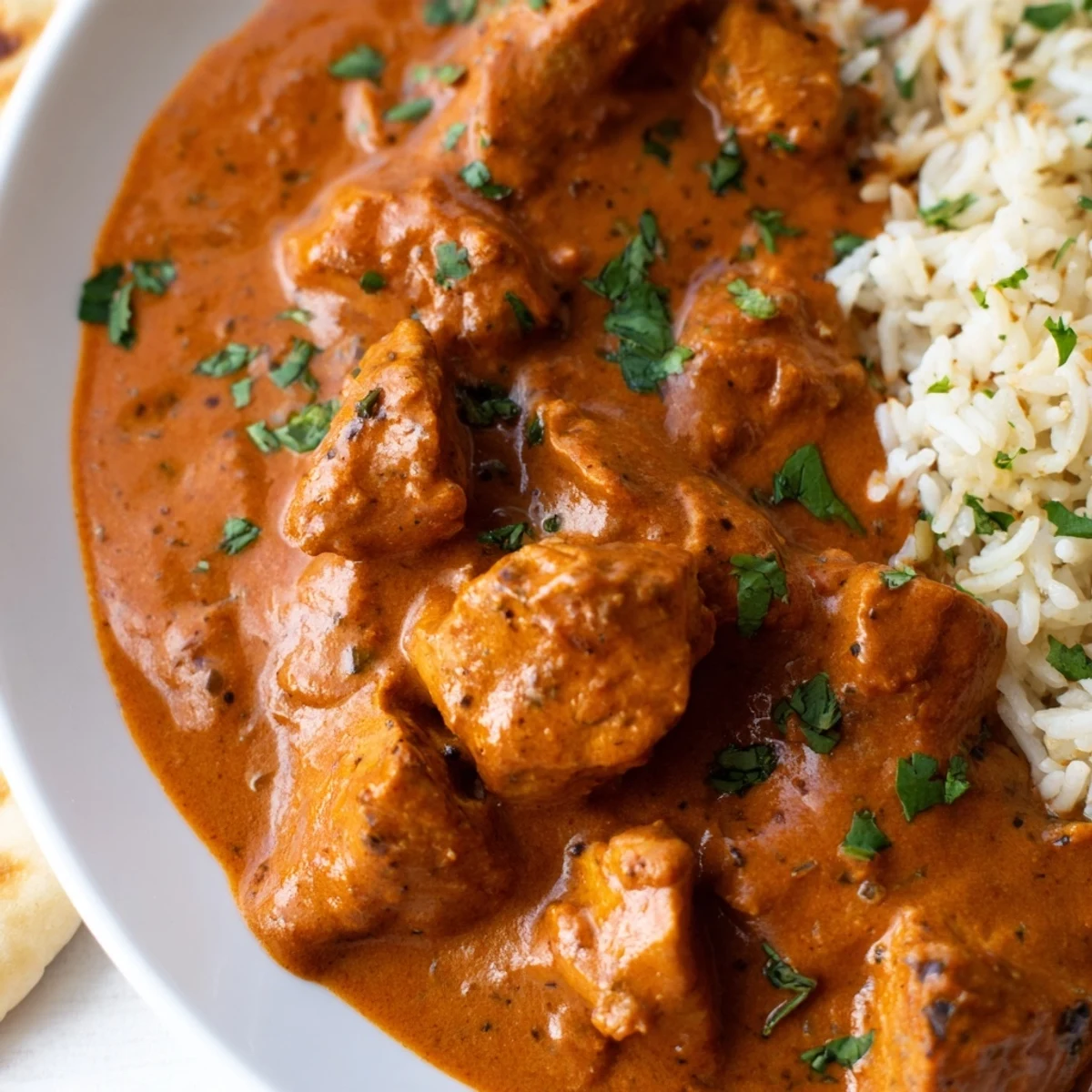 Garnished with fresh cilantro, the vibrant chicken tikka masala glows beside golden rice and soft, buttery naan.